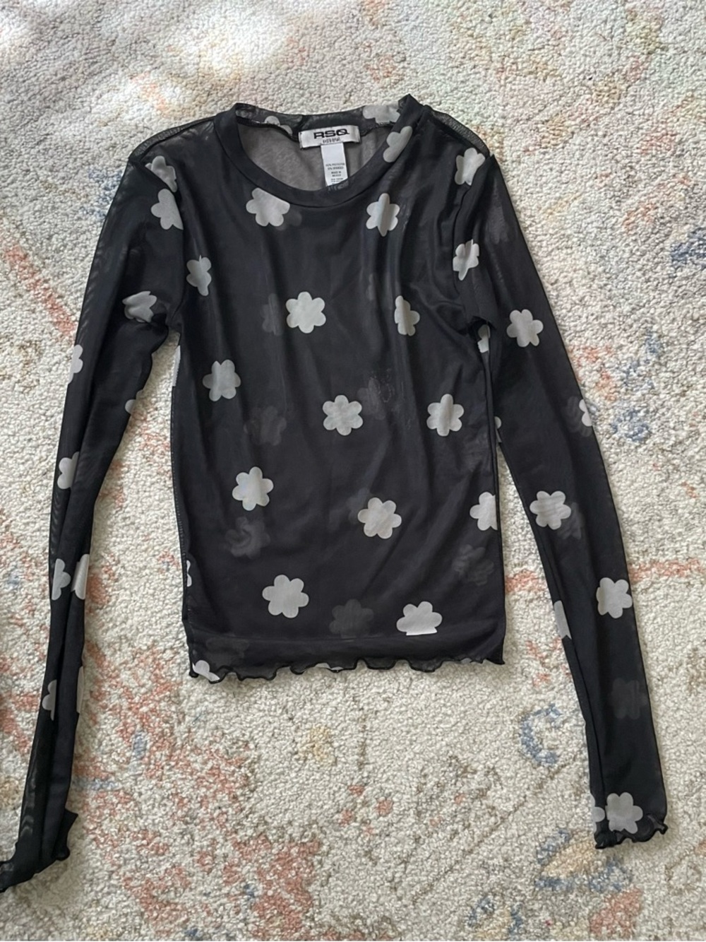 RSQ Black Sheer Long-Sleeve Mesh Top with White Floral Motif